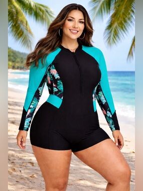 LAFYKOLY Women's Black Turquoise One Piece Surf Long Sleeve Romper Swimsuit NEW